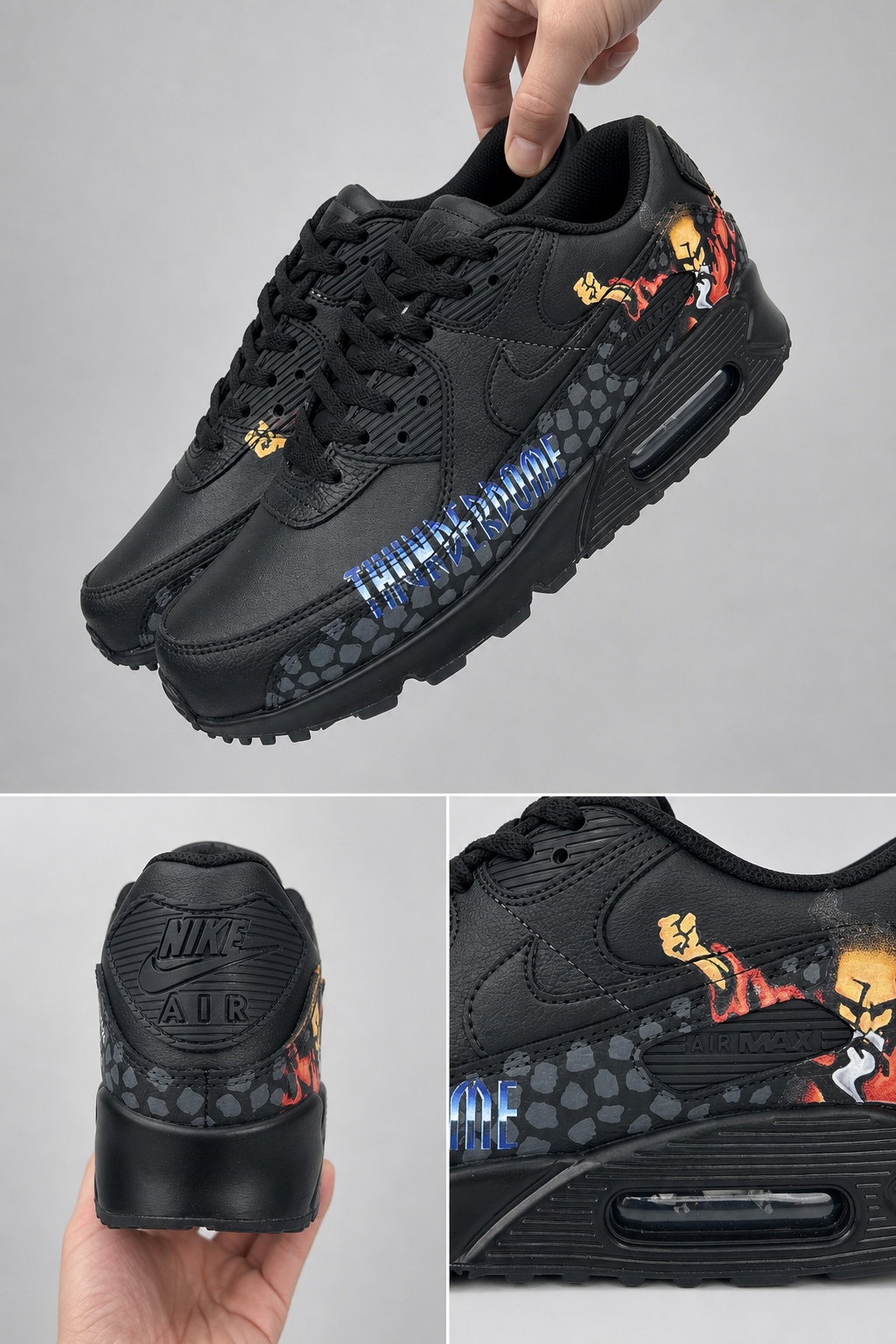 Hand‑Painted Nike Air Max 90‑Black Blue ThunderDome Text Stone Pattern Demon Character Custom Air Cushion Sneakers