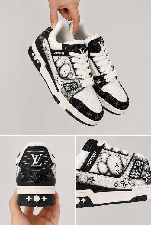 LV Custom Gradient Hand‑Painted Sneakers KAWS Collaboration Black‑White Cartoon Doll Monogram Art Chunky Trainer Shoes