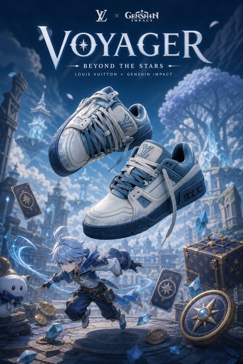 LV Custom Gradient Hand‑Painted Sneakers Voyager Genshin Impact Blue White Fantasy Star Compass Chunky Trainer Shoes