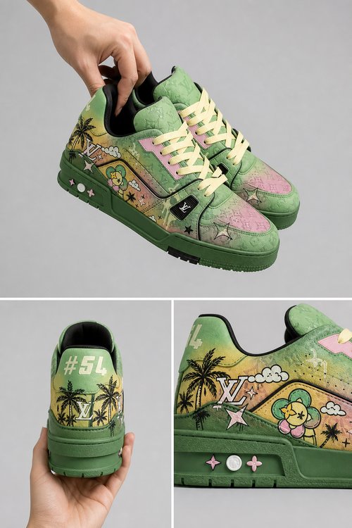 LV Custom Gradient Hand‑Painted Sneakers LV Remix Tropical Cartoon Floral Rainbow Pastel Skate Chunky Trainer Shoes
