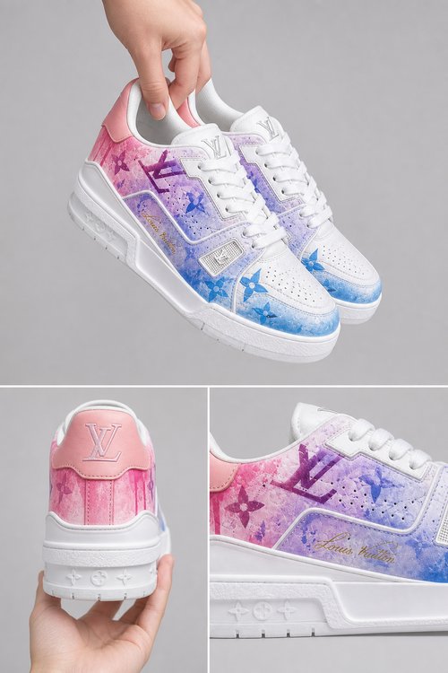 LV Custom Gradient Hand‑Painted Sneakers Monogram Dream Pastel Pink Blue Purple Fantasy Castle Cloud Chunky Trainer Shoes
