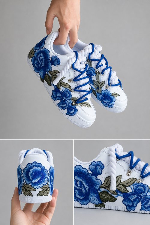 Hand-Crafted Rework Floral Sneakers – Blue Rose Embroidery Custom Shoes, Romantic Handmade Statement Footwear