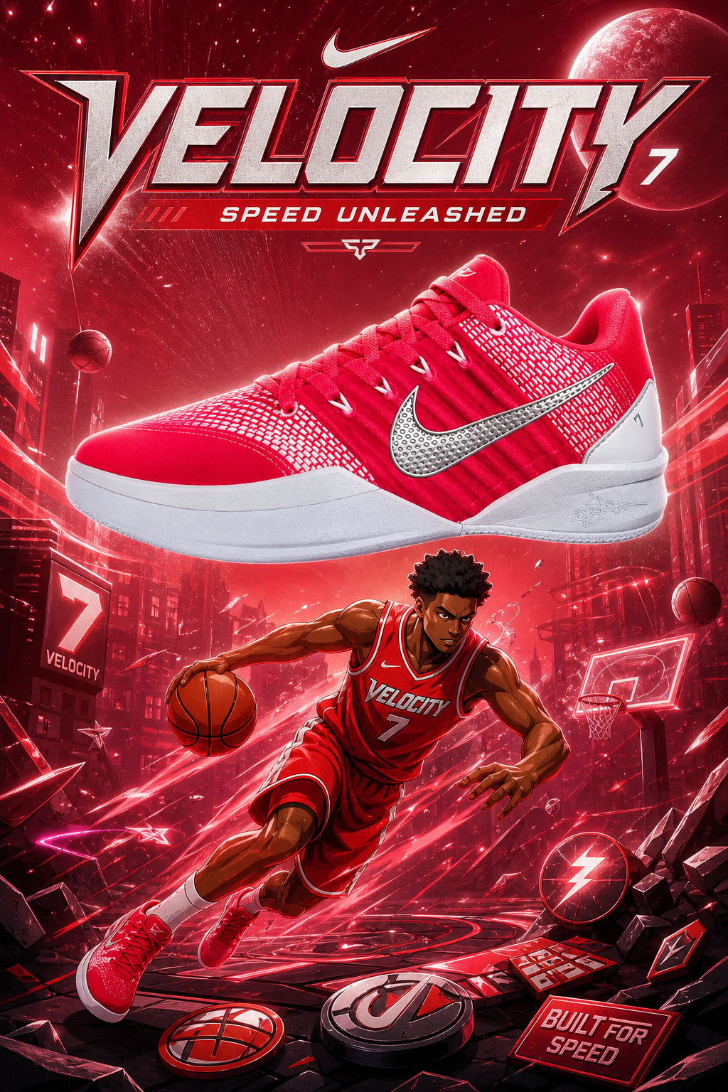 Personalized Custom Sneakers – Velocity 7 Red‑White Basketball Theme Metallic Silver Swoosh Sport Custom Basketball Shoes