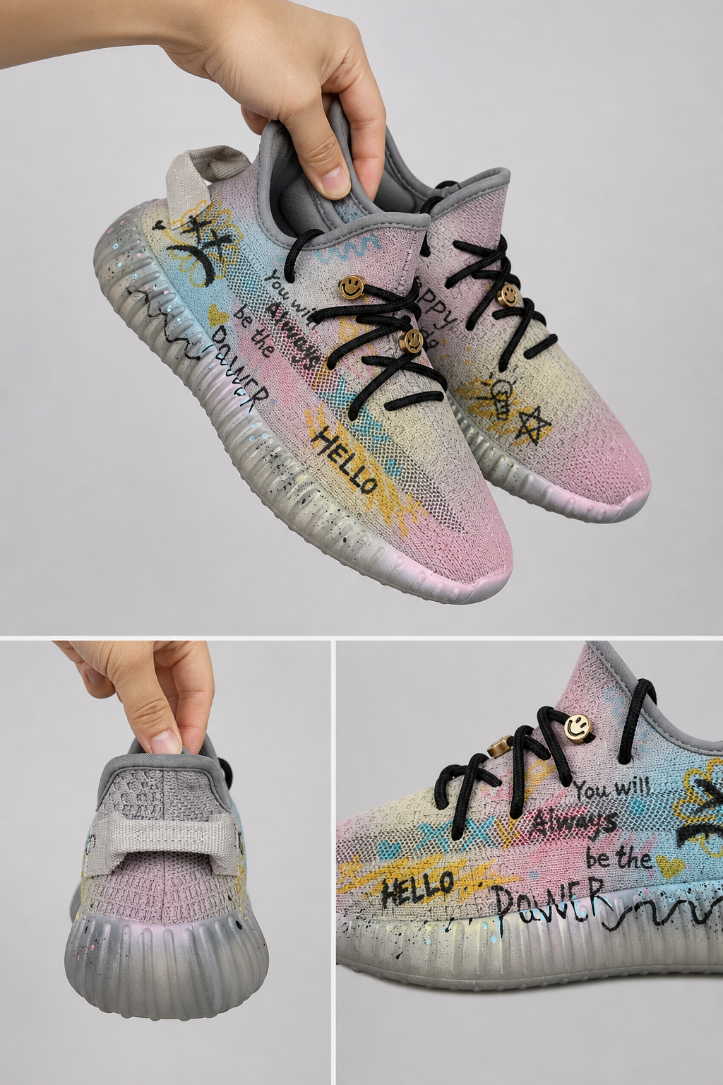 Hand‑painted YEEZY 350 V2 Shoes – Pastel Candy Colorful Graffiti Doodle Positive Quote Themed, Boost Custom Sneakers