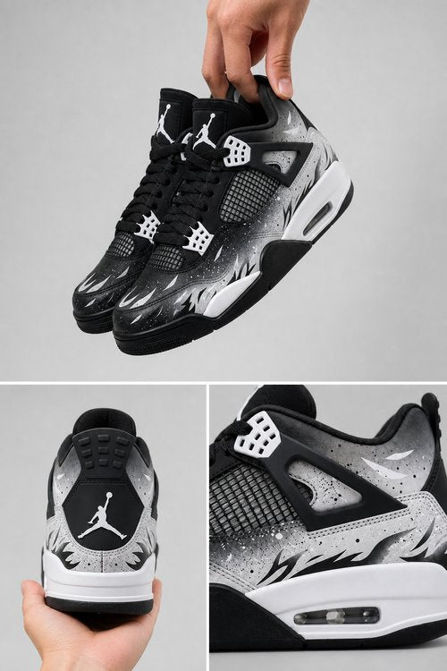 Custom Gradient Hand‑Painted AJ4 Sneakers Reimagined Black‑White Flame Galaxy Splash Custom Basketball Shoes