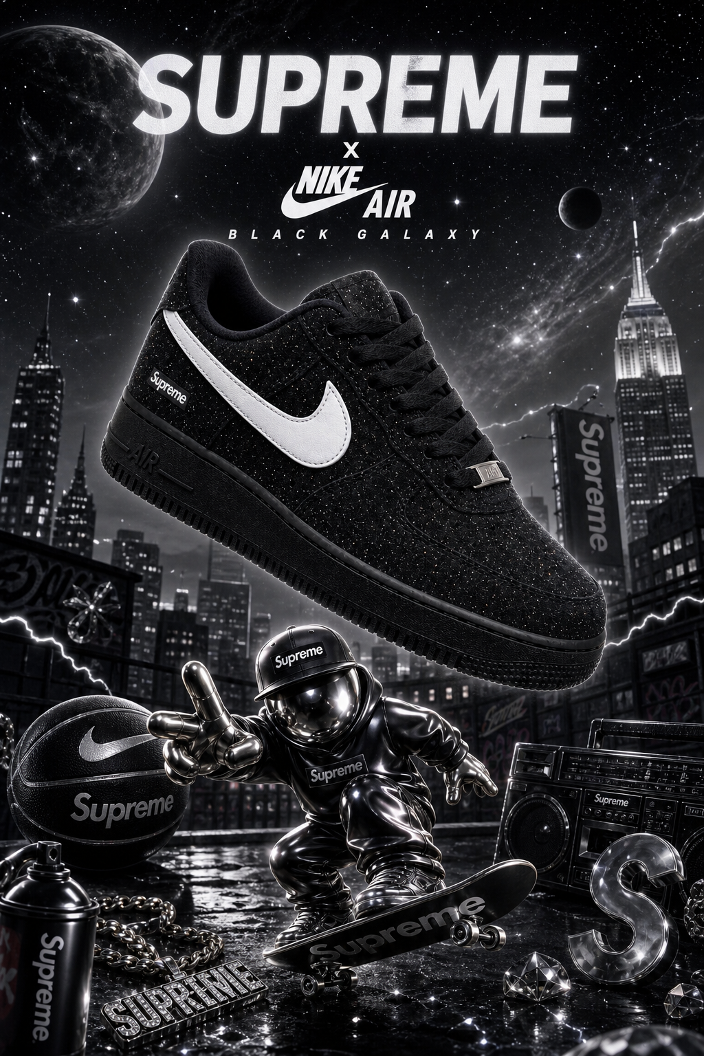 Hand-Crafted Rework Black Galaxy Custom Sneakers with Starry Glitter Finish, Cosmic Design & Premium Detail Accents