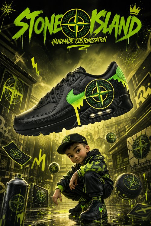 Hand‑Painted Nike Air Max 90‑Black Lime Green Drip Stone Island Compass Logo Custom Air Cushion Sneakers