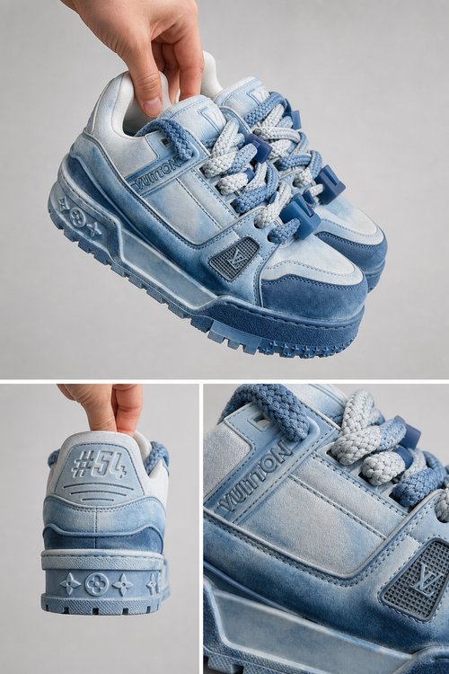 LV Custom Gradient Hand‑Painted Sneakers Deep Denim Blue Cloud Vintage Wash Chunky Trainer Casual Shoes