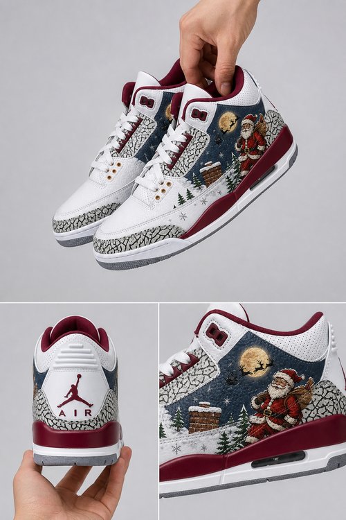 Custom Gradient Hand‑Painted AJ3 Sneakers Christmas Special Edition Santa Snowflake Winter Holiday Custom Basketball Shoes