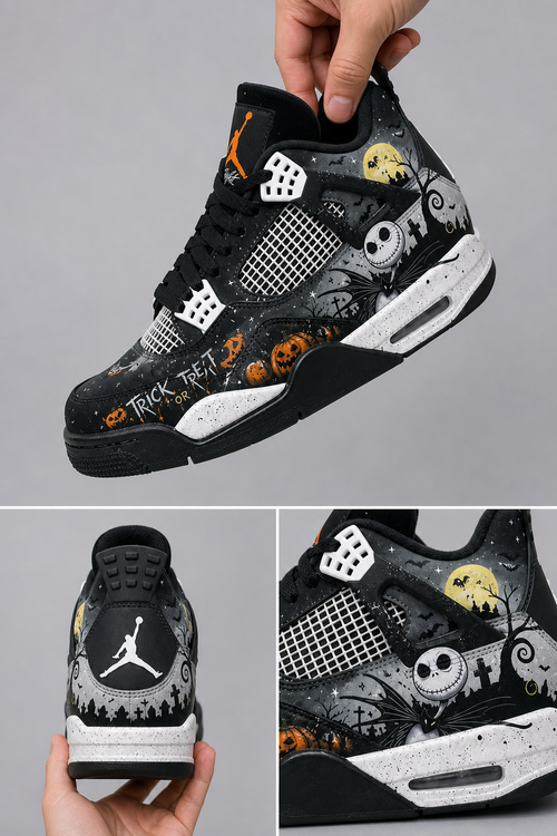 Custom Gradient Hand‑Painted AJ4 Sneakers Trick Or Treat Nightmare Before Christmas Jack Skellington Pumpkin Halloween Custom Basketball Shoes