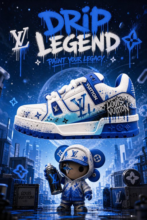 LV Custom Gradient Hand‑Painted Sneakers Drip Legend Blue White Splash Paint Urban City Graffiti Chunky Trainer Shoes