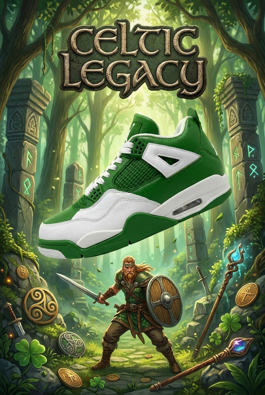 Custom Gradient Hand‑Painted AJ4 Sneakers Celtic Legacy Green White Forest Themed Custom Basketball Shoes