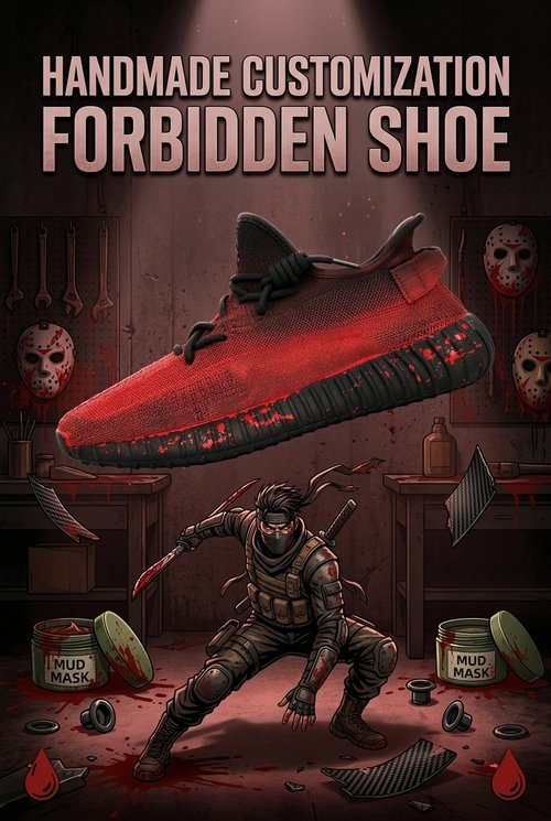 Hand‑painted YEEZY 350 V2 Shoes – Forbidden Shoe Horror Ninja Red‑Black Gradient Splatter Blood Themed, Boost Custom Sneakers