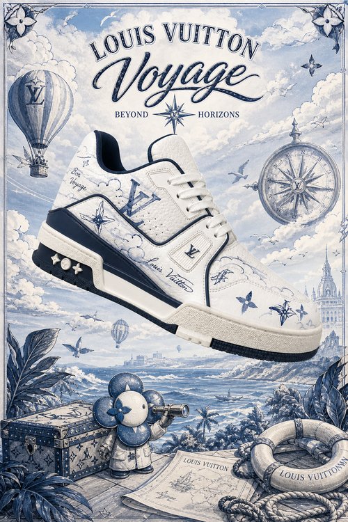LV Custom Gradient Hand‑Painted Sneakers Voyage Nautical Blue‑White Vintage Map Print Chunky Trainer Casual Shoes