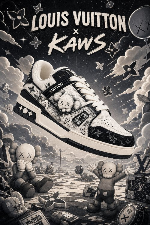 LV Custom Gradient Hand‑Painted Sneakers KAWS Collaboration Black‑White Cartoon Doll Monogram Art Chunky Trainer Shoes