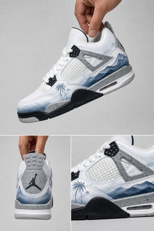 Custom Gradient Hand‑Painted AJ4 Sneakers Summit Breeze Blue Mountain Palm Tree Scenery Custom Basketball Shoes