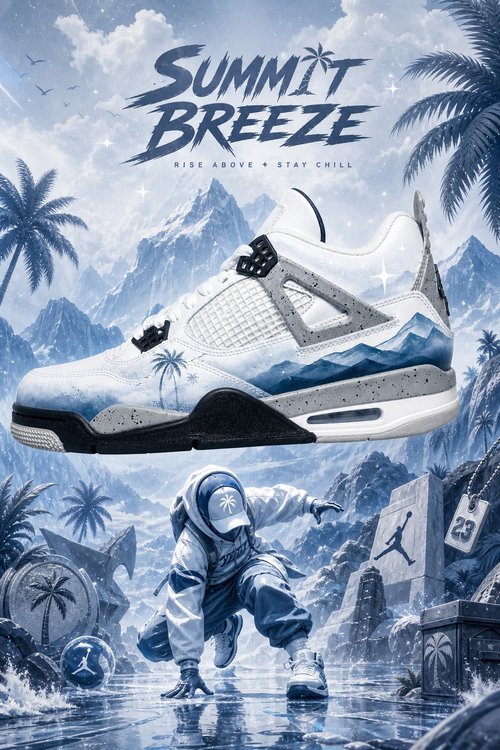 Custom Gradient Hand‑Painted AJ4 Sneakers Summit Breeze Blue Mountain Palm Tree Scenery Custom Basketball Shoes