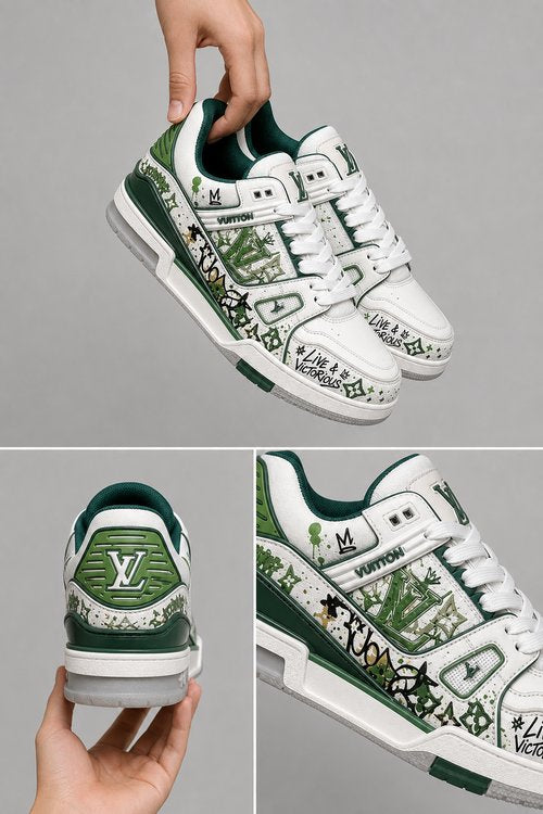 LV Custom Gradient Hand‑Painted Sneakers Live & Victorious Green White Graffiti Street Skate Chunky Trainer Shoes
