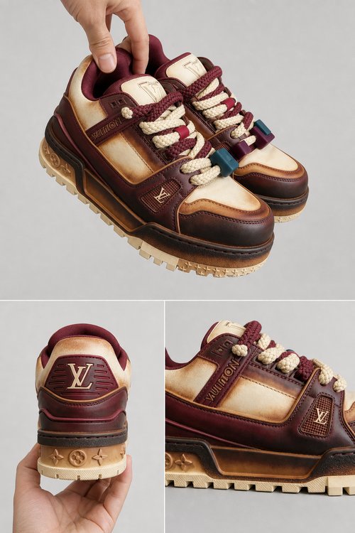 LV Custom Gradient Hand‑Painted Sneakers Vintage Distressed Burgundy Beige Explorer Adventure Style Casual Trainer Shoes