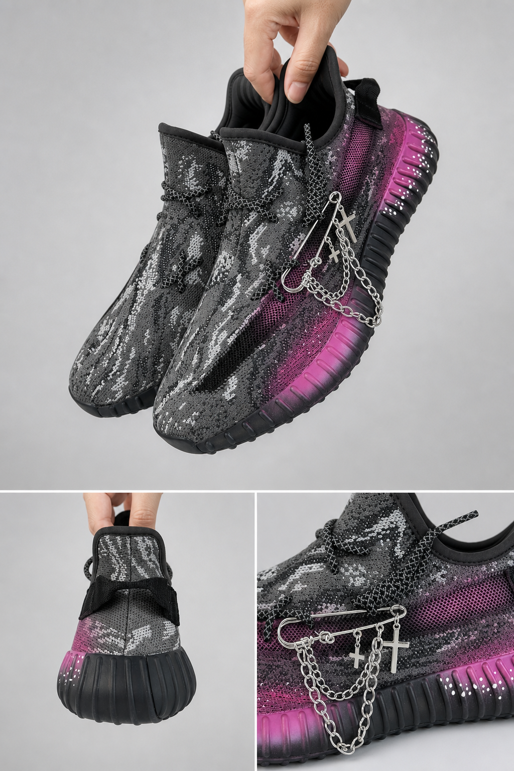 Hand‑painted YEEZY 350 V2 Shoes – Shadow Stride Gothic Purple‑Pink Gradient Cross Chain Themed, Boost Custom Sneakers