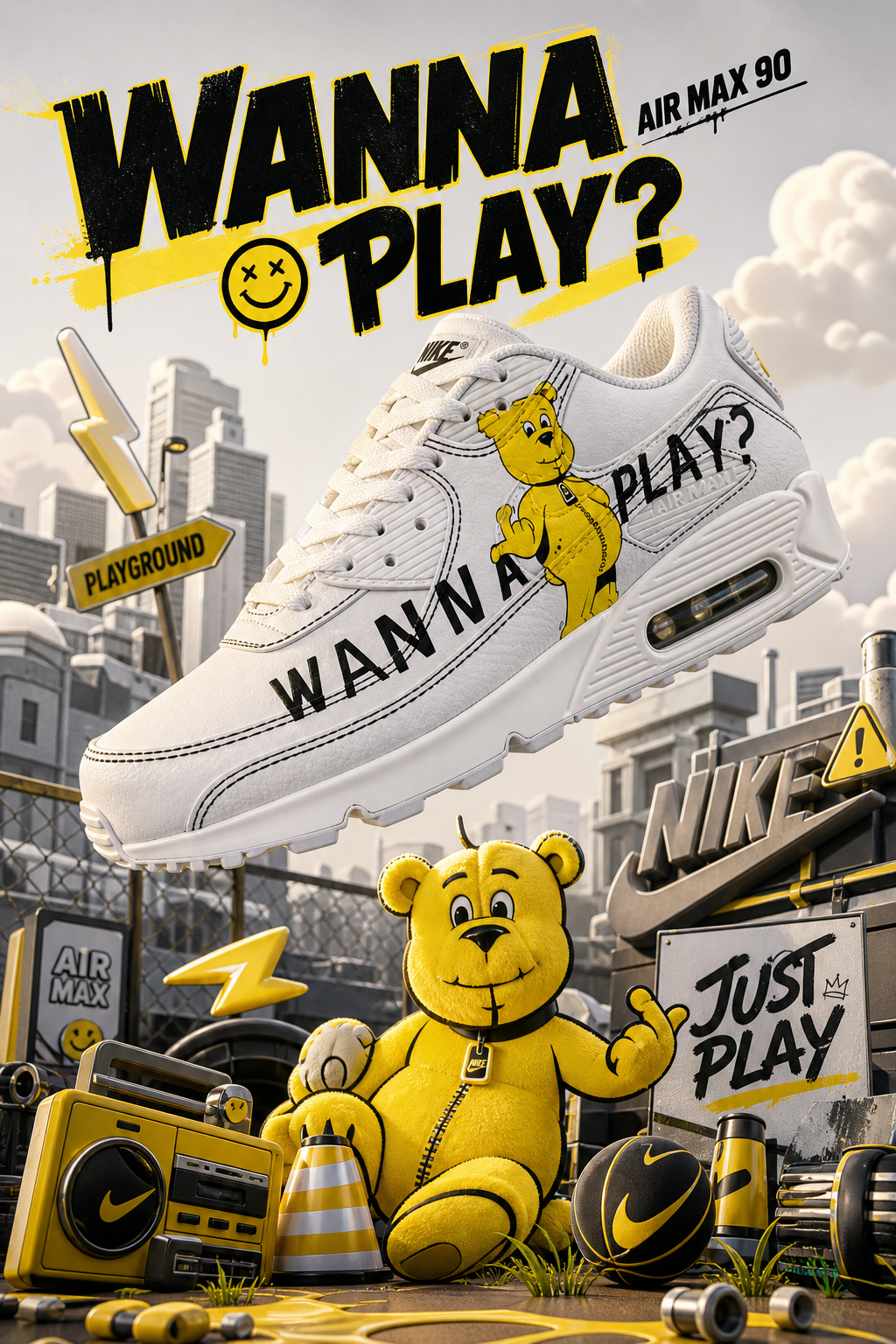 Hand‑Painted Nike Air Max 90‑White Yellow Cartoon Bear Graffiti Text Custom Air Cushion Sneakers