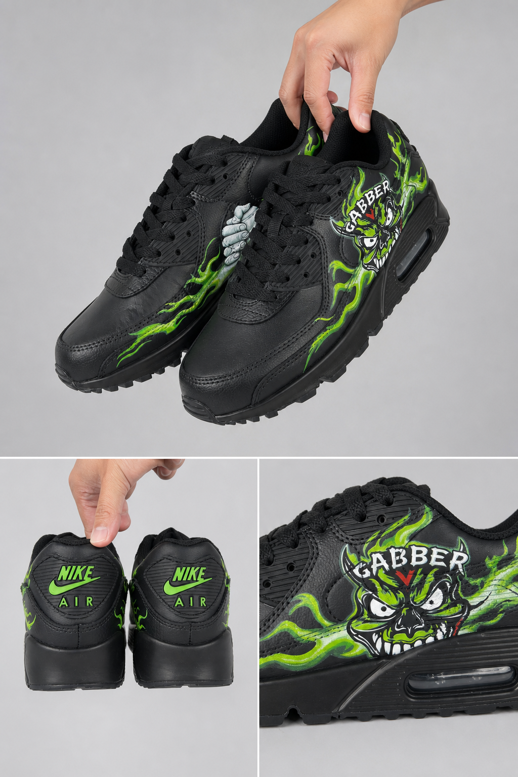 Hand‑Painted Nike Air Max 90‑Black Green Demon Monster Graffiti Flame Graphic Custom Air Cushion Sneakers