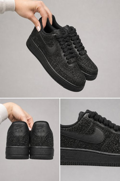 Hand-Crafted Rework Air Force 1 Sneakers – Custom Black Crystal Design, Sparkling Rhinestone Detail, Limited Edition Streetwear Shoes