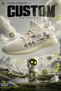 Hand‑painted YEEZY 350 V2 Shoes – Off‑White Tech Scribble Sketch Alien Robot Futuristic Cosmic Themed, Boost Custom Sneakers