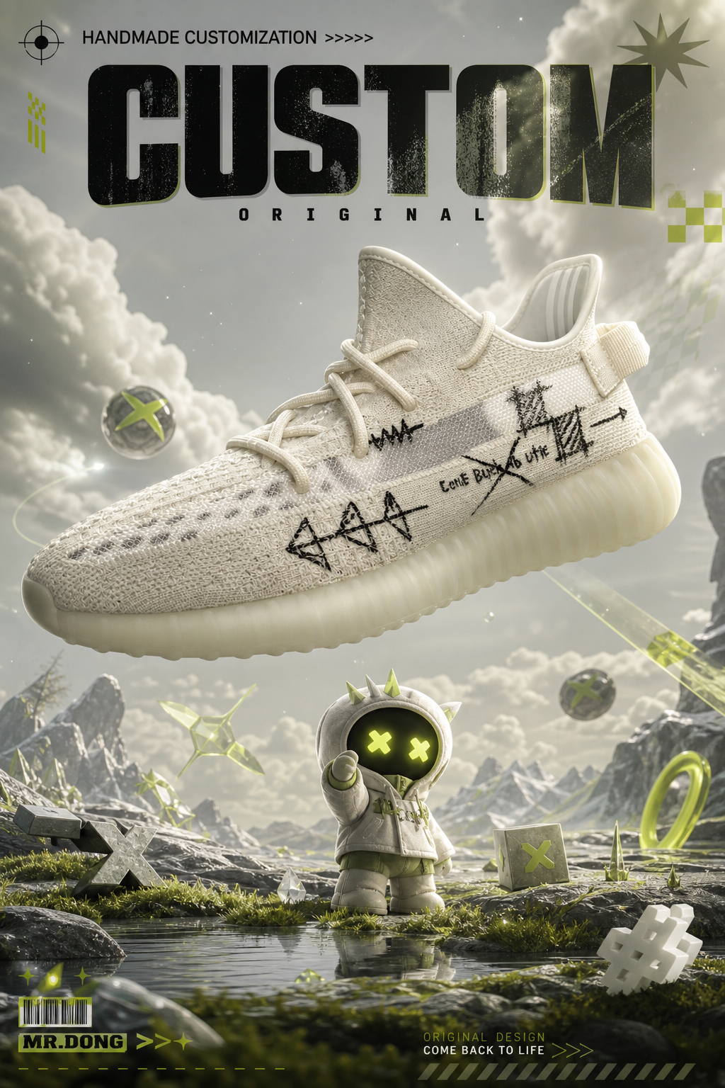 Hand‑painted YEEZY 350 V2 Shoes – Off‑White Tech Scribble Sketch Alien Robot Futuristic Cosmic Themed, Boost Custom Sneakers