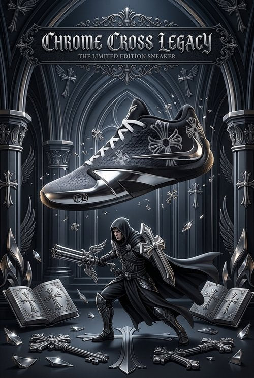 Custom Nike Ja 3 Basketball Shoes, Hand Painted Chrome Cross Legacy Design with Gothic Silver Knight Artwork