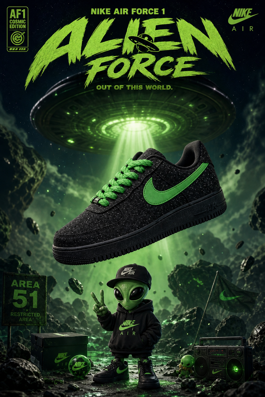 Hand-Crafted Rework Cosmic Air Force 1 Sneakers with Galaxy Starry Design and Green Alien Inspired Details