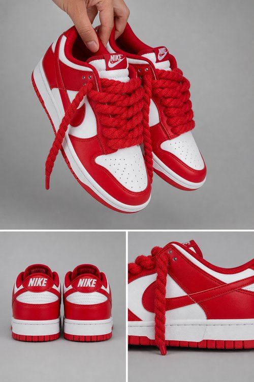 Red and White Low Top Sneakers with Chunky Rope Laces, Retro Streetwear Shoes