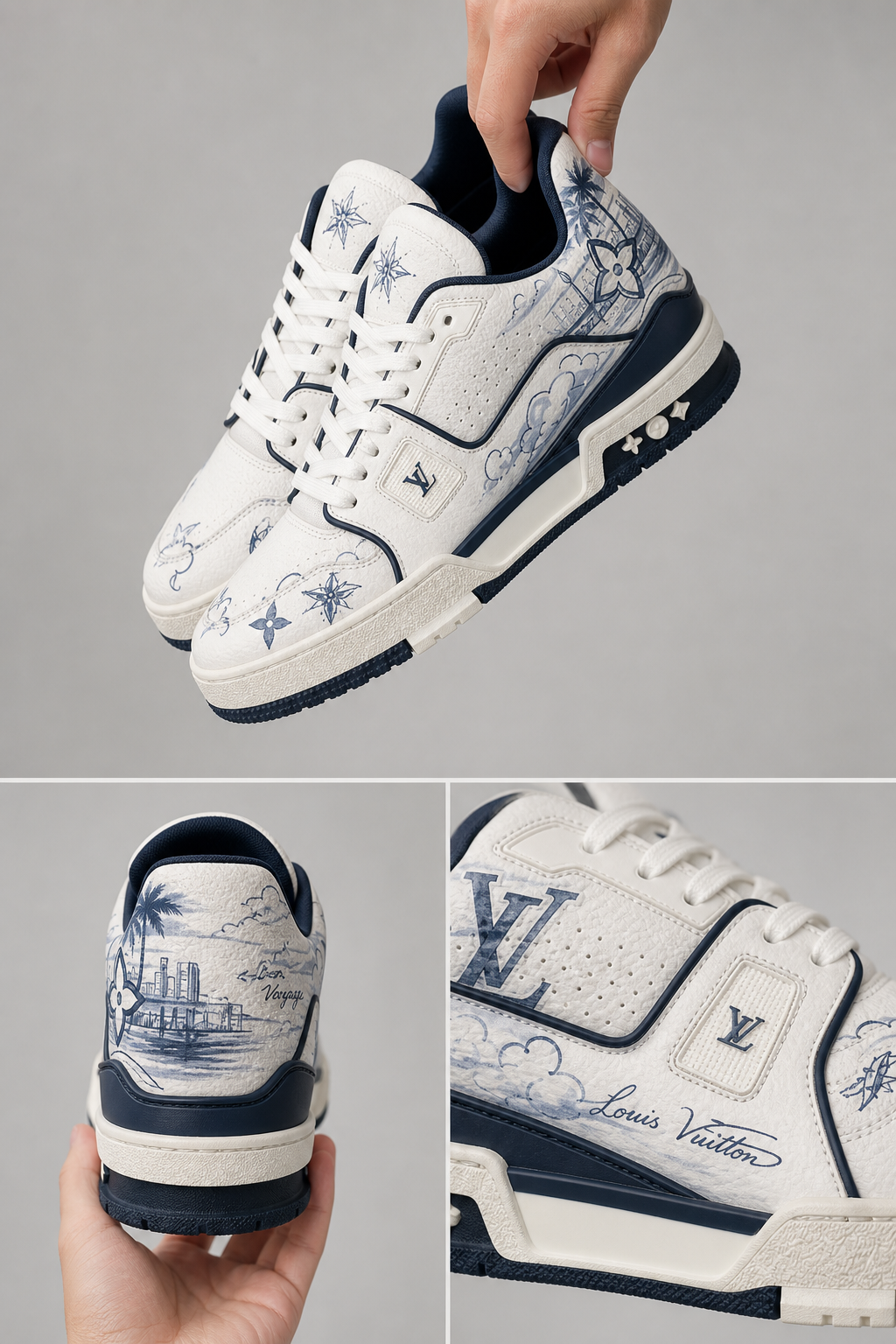 LV Custom Gradient Hand‑Painted Sneakers Voyage Nautical Blue‑White Vintage Map Print Chunky Trainer Casual Shoes