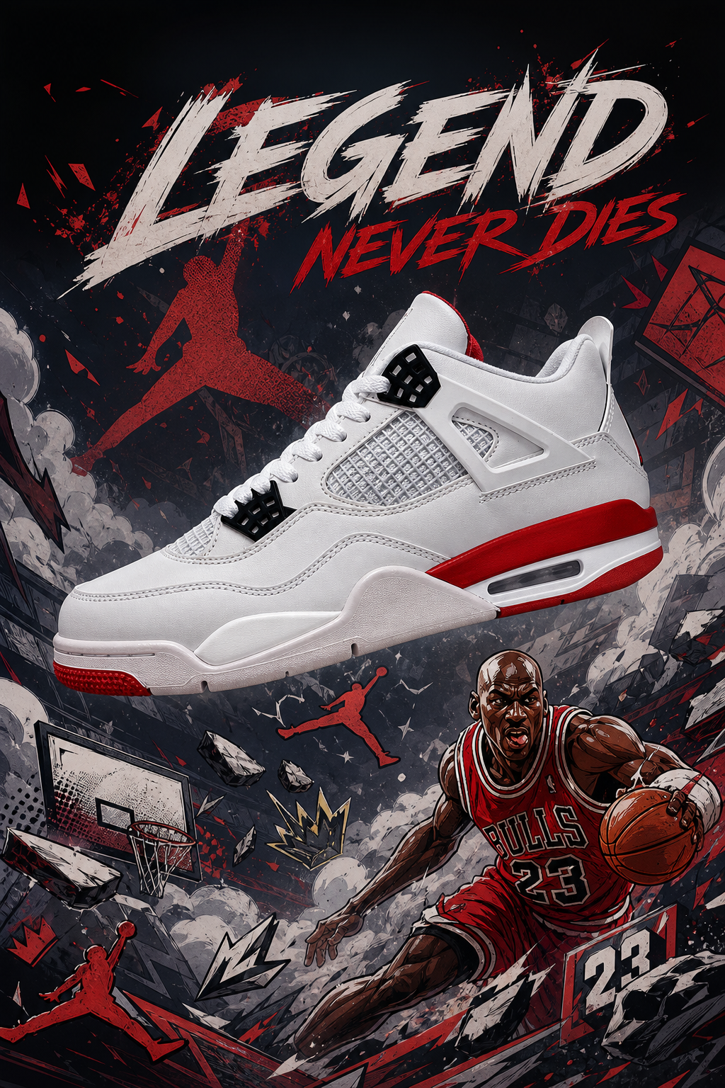 Custom Gradient Hand‑Painted AJ4 Sneakers White Red Bulls Legend Never Dies Themed Custom Basketball Shoes
