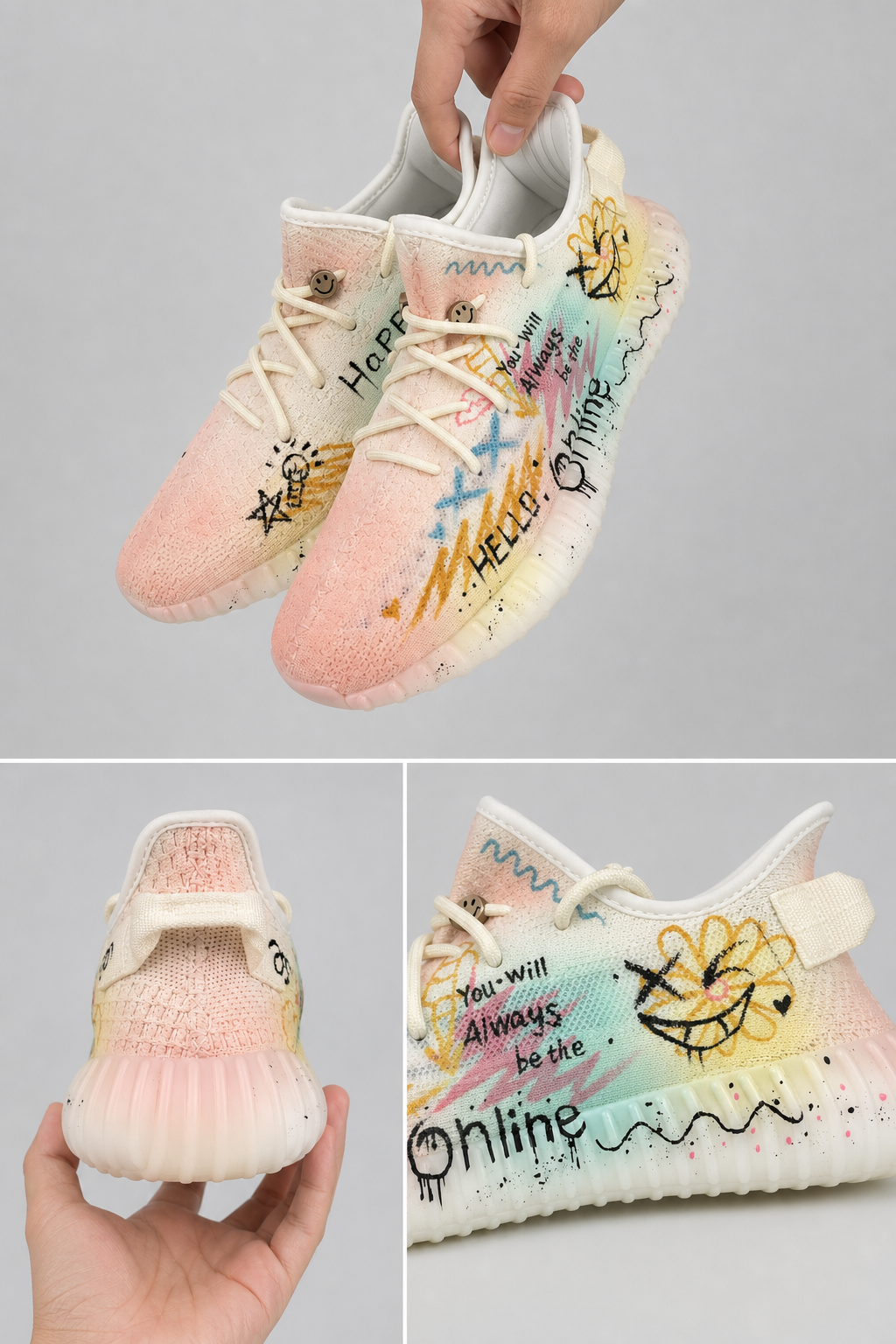 Hand‑painted YEEZY 350 V2 Shoes – Pastel Rainbow Sunflower Smiley Doodle Positive Quote Graffiti Themed, Boost Custom Sneakers