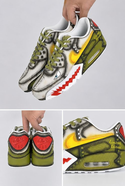 Hand‑Painted Nike Air Max 90‑Military Green Shark Mouth Warplane Theme Custom Air Cushion Sneakers