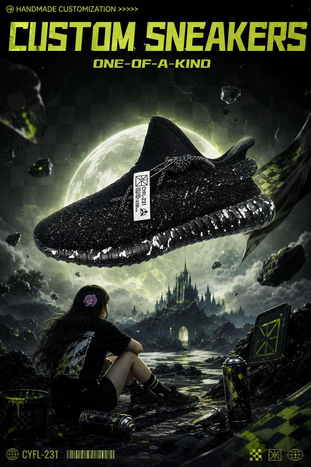 Hand‑painted YEEZY 350 V2 Shoes – Dark Cyber Splatter Paint Tag Label Gothic Moon Castle Themed, Boost Custom Sneakers