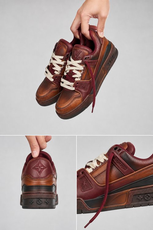 LV Custom Gradient Hand‑Painted Sneakers Skate Vintage Brown Burgundy Aged Leather Skate‑Style Chunky Trainer Shoes
