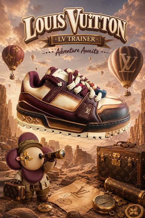 LV Custom Gradient Hand‑Painted Sneakers Vintage Distressed Burgundy Beige Explorer Adventure Style Casual Trainer Shoes