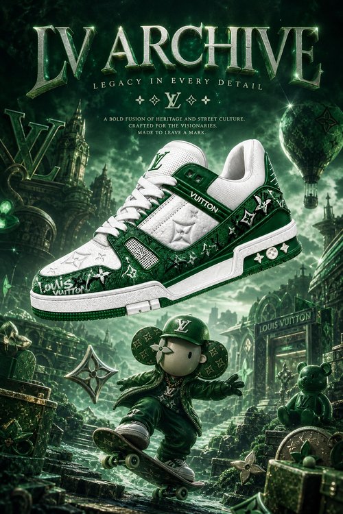 LV Custom Gradient Hand‑Painted Sneakers LV Archive White Green Heritage Monogram Street Skate Chunky Trainer Shoes