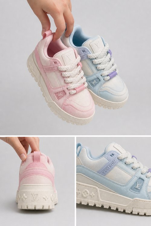 LV Custom Gradient Hand‑Painted Sneakers Sweet Journey Pink Blue Fairy Tale Pastel Chunky Trainer Casual Shoes