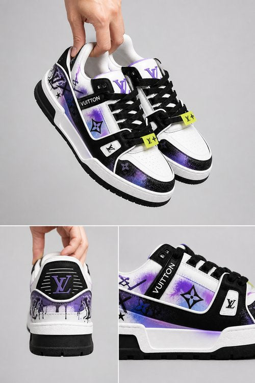 LV Custom Gradient Hand‑Painted Sneakers LV Vibe Purple Black Graffiti Drip Lightning Urban Skate Chunky Trainer Shoes