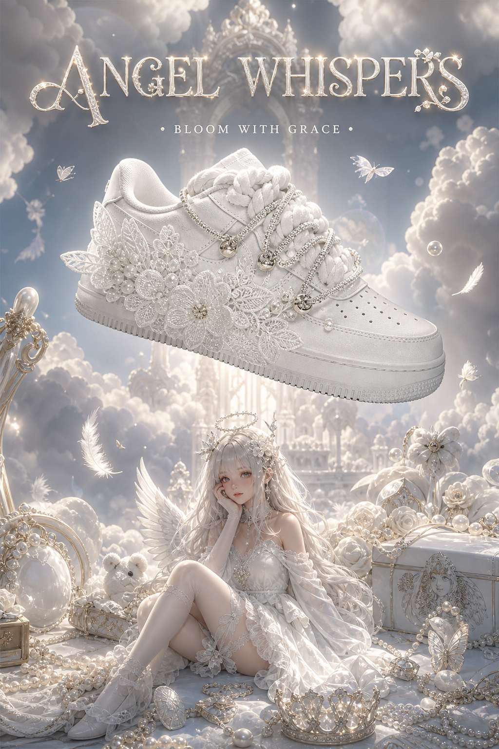 Hand-crafted Rework White Floral Sneakers with Rose Appliqué, Pearl Details & Angelic Wing Design Custom Shoes