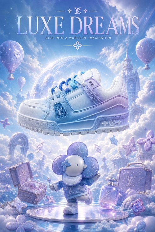 LV Custom Gradient Hand‑Painted Sneakers Luxe Dreams Blue Purple Sky Cloud Gradient Chunky Trainer Casual Shoes