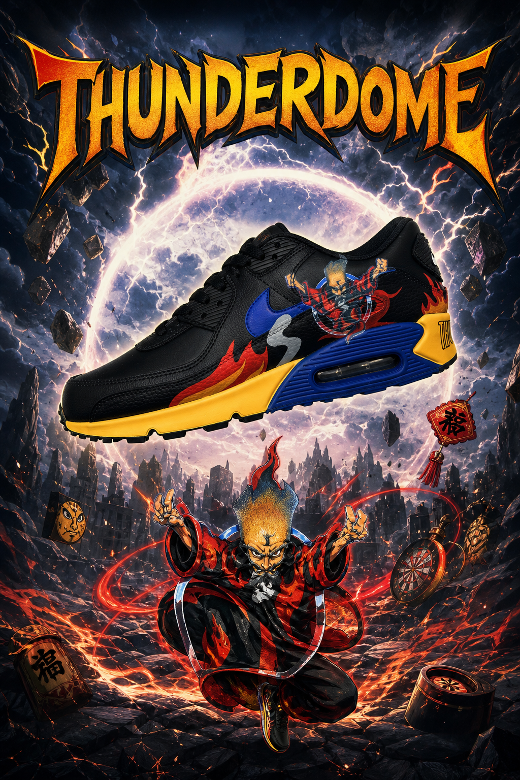 Hand‑Painted Nike Air Max 90‑Black Blue Yellow Red Flame Oriental Warrior Character Custom Air Cushion Sneakers