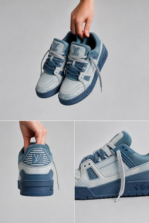 LV Custom Gradient Hand‑Painted Sneakers Voyager Genshin Impact Blue White Fantasy Star Compass Chunky Trainer Shoes