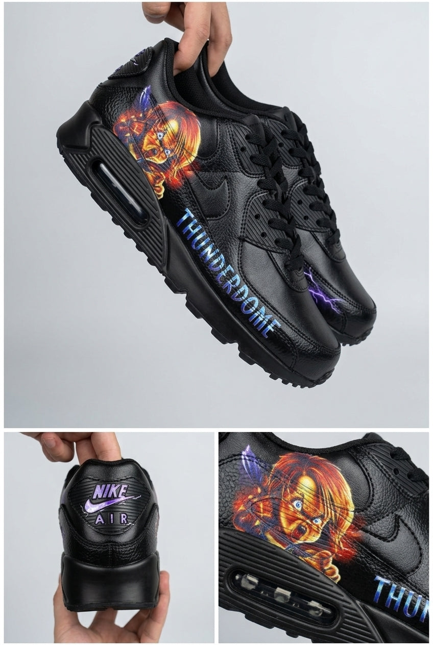 Hand‑Painted Nike Air Max 90‑Dark Horror Character Graphic ThunderDome Text Custom Air Cushion Sneakers