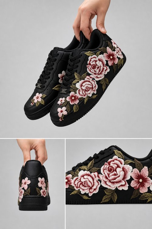 Hand-Crafted Rework Black Sneakers with Embroidered Floral Design, Custom Streetwear Shoes with Luxury Gothic Style