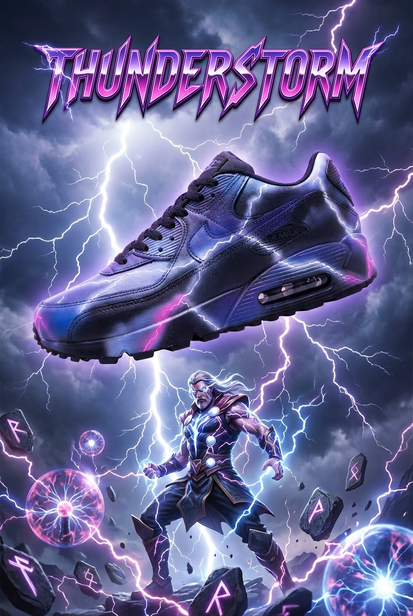 Hand Painted Nike Air Max Sneakers, Custom Thunderstorm Lightning Design Shoes with Purple Energy Artwork