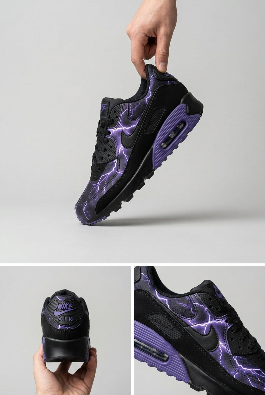 Hand Painted Nike Air Max Sneakers, Custom Thunderstorm Lightning Design Shoes with Purple Energy Artwork